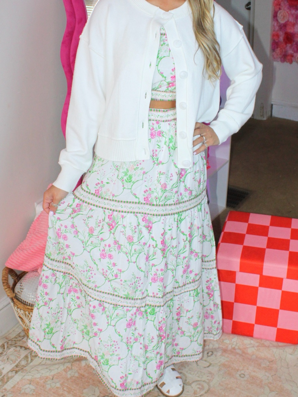 White Floral Tiered Maxi Skirt and Matching Top - Women's